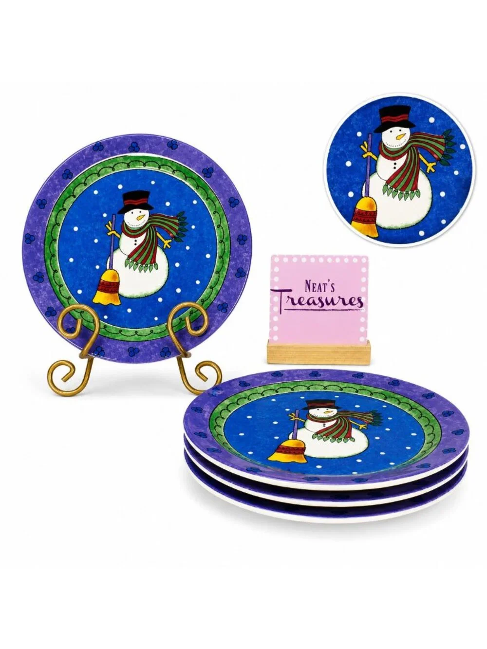 Sango Sue Zipkin SWEET SHOPPE CHRISTMAS Purple Snowman Salad Lunch Plates Set 4